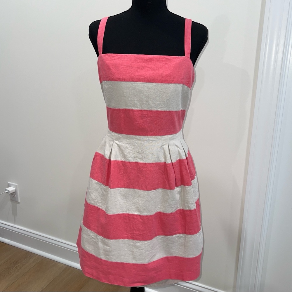 LOFT Coral Pink and White Striped Sleeveless Linen Dress Size 14